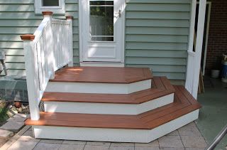 Farmhouse Front Steps Ideas, Steps For Porch Entrance, Back Stoop Ideas Porch Steps, Back Door Stairs, Small Porch Steps Ideas, Outdoor Stairs To Patio, Outdoor Stairs To House Entrance Wood, 2 Step Front Porch Ideas, Steps Out Back Door To Patio