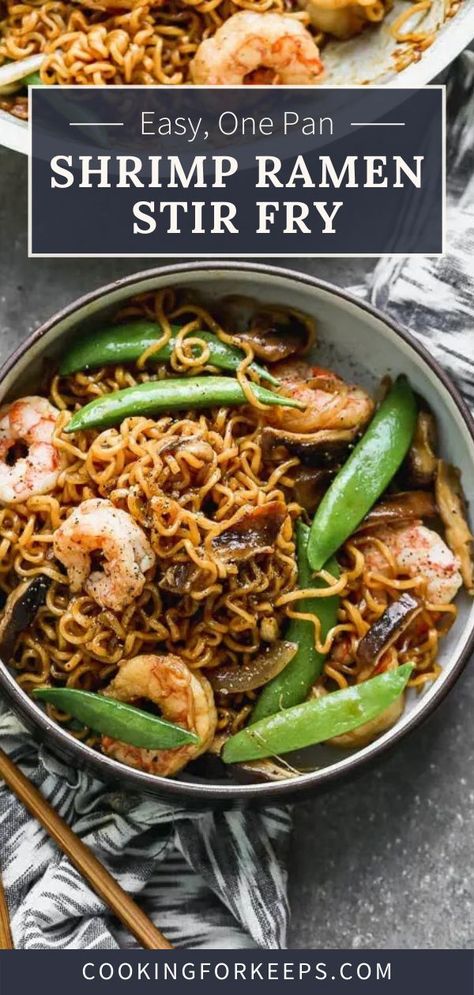 This Shrimp Ramen Stir Fry is an easy, one-pan dinner that comes together in under 30 minutes! Chewy instant ramen noodles are cooked in a sweet soy sauce, and tossed with sautéed shrimp, snap peas, garlic, and plenty of savory shiitake mushrooms. #shrimpstirfry #ramen #30minutemeal Shrimp Ramen Noodle Recipes, Shrimp Ramen Recipes, Ramen Dinner, Fried Ramen, Shrimp Ramen, Stir Fry Shrimp Recipes, Seafood Dinner Recipes, Sweet Soy Sauce, Ramen Stir Fry