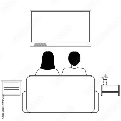 Stock Image: Cartoon couple watching TV Couple Watching Movie Drawing, Movie Date Drawing, Couple Watching Tv Aesthetic, Watching Tv Drawing, Couple Watching Tv, Tv Drawing, Couple Cartoon, Cartoon Tv, Dot Art