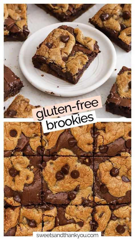 These Gluten-Free Brookies are part brownie and part cookie, for a delicious, decadent dessert that gives you the best of both worlds in every bite! We combine classic chocolate chip cookie flavor with decadent fudgy brownies for one amazing gluten-free cookie bar that's perfect for sharing. Enjoy it on its own, or turn it into an ice cream sundae for an even more indulgent treat! Cookie Cake Gluten Free, Gluten And Soy Free Desserts, Gluten Free Cookie Brownie Bars, Gluten Free Bake Sale Treats, Nut Free Gluten Free Dessert, Gluten Free Fudge Brownies, Gluten Free Sweet Recipes, Gluten Free Desserts No Flour, Gluten Free Smores Bars