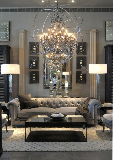 Dramitic Black And Silver Living Room, Modern Glam Living Room, Silver Living Room, Furnitur Ruang Keluarga, Interior Design Minimalist, Designer House, Glam Living Room, Decor Ikea, Trendy Living Rooms