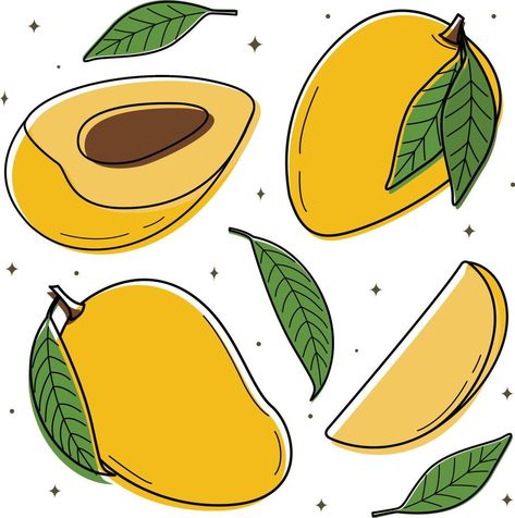 Vector illustration of a sweet mango set. Design elements for many, advertising and covers, children's books, food and food illustrations. Vector of fruits, leaves of garden plants. Dietary nutrition Mango Illustrations, Mango Vector, Mango Leaf, Leaf Graphic, 3d Vector, Food Illustrations, Children's Books, Set Design, Garden Plants