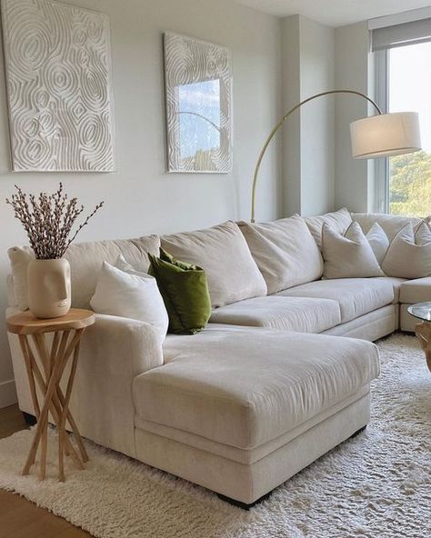 Living Room Greige Couch, Nyc Living Room Aesthetic, Corner Apartment Living Room, Clean Girl Living Room, Apartment Couch Ideas, Homey Apartment Living Room, L Couch Living Room, Clean Living Room Aesthetic, Simple Luxury Living Room