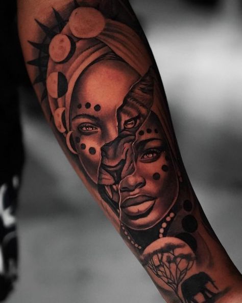 Warrior Symbol Tattoos For Women, Afro Tattoo Ink Black Women, African Queen Tattoo, African Sleeve Tattoo, Afro Tattoo, Female Warrior Tattoo, Africa Tattoos, Cute Thigh Tattoos, Half Sleeve Tattoos Forearm