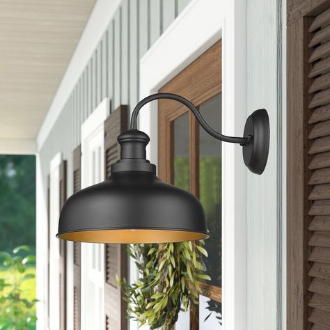 Breakwater Bay Studley 11.5" H Outdoor barn Light & Reviews | Wayfair Porch Wall Lights, Farmhouse Wall Lighting, Outdoor Barn Lighting, Exterior Light Fixtures, Balcony Patio, Black Outdoor Wall Lights, Porch Wall, Barn Light, Patio Wall