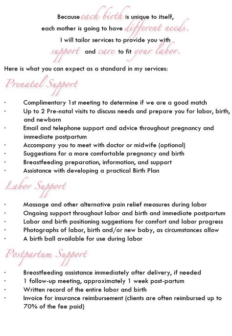 A list of Services that one Doula provides. Doula Service Packages, Doula Pricing, Doula Business Name Ideas, Doula Packages, Doula Essentials, Postpartum Massage, Doula Quotes, Doula Tips, Labor Doula