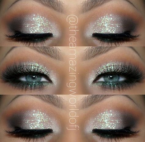 Pretty Silver Glitter Eye Makeup, Make Up Studio, Glittery Eyes, Formal Makeup, Glitter Eye Makeup, Smink Inspiration, Beauty Make-up, Glamorous Makeup, Hoco Makeup