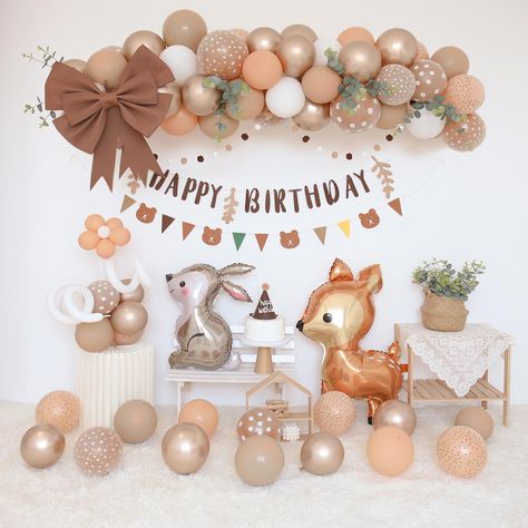 PRICES MAY VARY. 【Forest Animal Birthday Decoration Set】Happy Birthday Banner*1 Hanging Flag*2 Deer and Bunny Foil Balloons*1--Latex balloons included: Double Skin Tone Balloons*14, Double Gold Dot Balloons*6, Double White Dot Balloons*6, Double Star Balloons*6, Champagne and Skin Tone Balloons*13, White Balloons*14, Five Inch White and Skin Tone Balloons*13 Compose Woodland Animal Balloon Arch Shape Up Creative Jungle Animal Birthday Decoration Party 【Double Layer Balloon Matching Set High Qual Animal Birthday Decorations, Woodland Birthday Decorations, Birthday Balloon Arch, Safari Birthday Party Decorations, Woodland Party Decorations, Animal Themed Birthday Party, Boys Birthday Party Decorations, Forest Birthday Party, Animal Theme Birthday