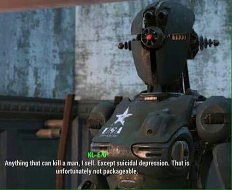 "What do you sell?"    Meet Kleo, my new fav robot (Fallout 4) Fallout 4 Secrets, Fallout 4 Funny, Fallout Meme, Fallout Funny, Fallout Game, Bethesda Games, Random Video, Fallout Art, The Fallout