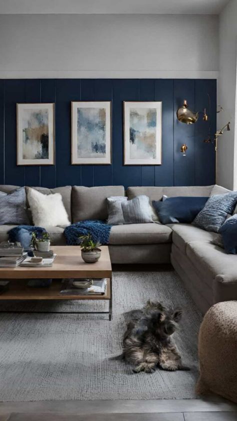 Just moved in together and not sure it feels like home yet? Here are 20+ ways to make your home feel cozy and pleasing to be in on a budget! House Interior Navy Blue, Cosy Living Room Blue Sofa, Living Room Coach Blue, Blue Living Room Designs, Blue Wall Living Room Ideas, Living Azul, Vence Blue Paint B&q Living Room, Living Room Inspiration Cozy, Living Room Colour Schemes