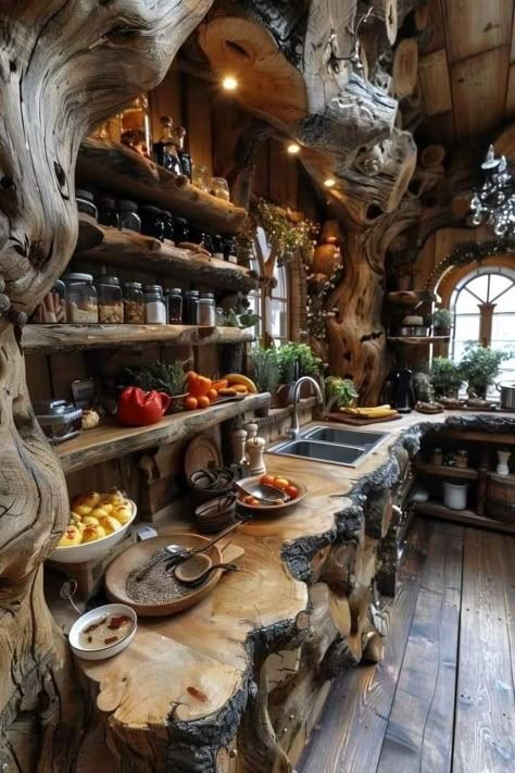 Treehouse Kitchen, Casa Do Hobbit, Magical Treehouse, 70s Living Room, Rustic Kitchen Designs, House Of The Future, Rustic Home Design, Peaceful Home, Fantasy Homes