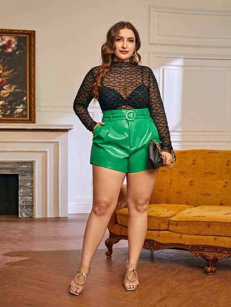 SHEIN Plus Paperbag Waist Belted PU Leather Shorts | SHEIN USA Green Leather Shorts Outfit, Green Shorts Outfit, Leather Shorts Outfit, Everyday Outfit, Leather Shorts, Color Shorts, Green Shorts, Green Leather, Casual Outfit