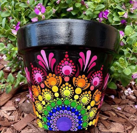 "Try to be a rainbow in someone's cloud." - Maya Angelou Mandala Dotting Tools, Diy Mandala, Mandala Dotting, Mosaic Art Diy, Rainbow Mandala, Flower Pot Art, Terra Cotta Pot, Painted Plant Pots, Decorated Flower Pots