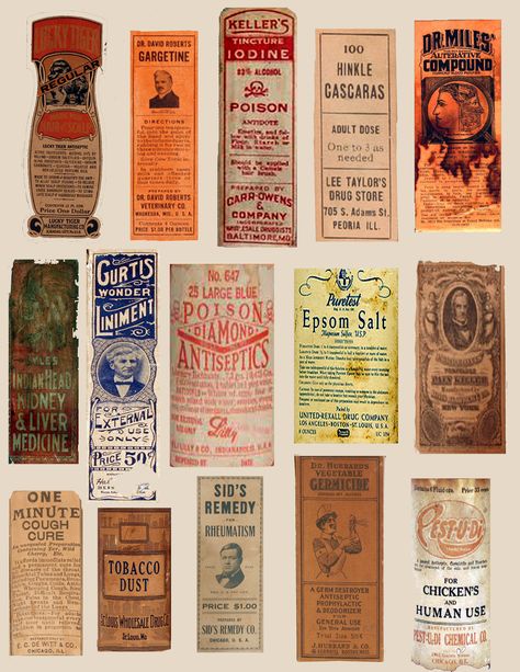 vintage medicine bottle labels (real) sheet 1 of 3 Pharmacy Graphic Design, Vintage Medicine Bottle, Old Medicine Bottles, Vintage Medicine, Apothecary Labels, Halloween Potions, Medicine Bottle, Halloween Labels, Antique Bottle