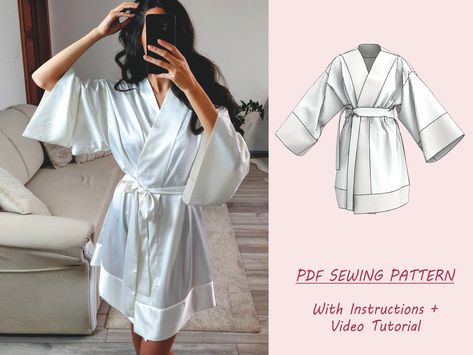 Kimono Robe PDF Pattern, Easy Sewing Project for Beginners, How to sew: Detailed Instructions and Video Tutorial Robe Pattern Free Sewing, Diy Robe Pattern, Kimono Robe Sewing Pattern, Kimono Robes Pattern, Robe Sewing Pattern, Dressing Gown Pattern, Kimono Diy, Kimono Sewing Pattern, Diy Kimono