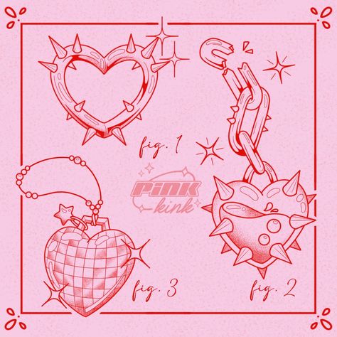 original tattoo designs Cute Above Knee Tattoos Women, Black And Red Tatooes, Pink Goth Tattoo, Pink Linework Tattoo, Colorful Goth Tattoo, Heart Chain Tattoo, Friday 13th Tattoo Flash, Kawaii Goth Tattoo Ideas, 13th Friday