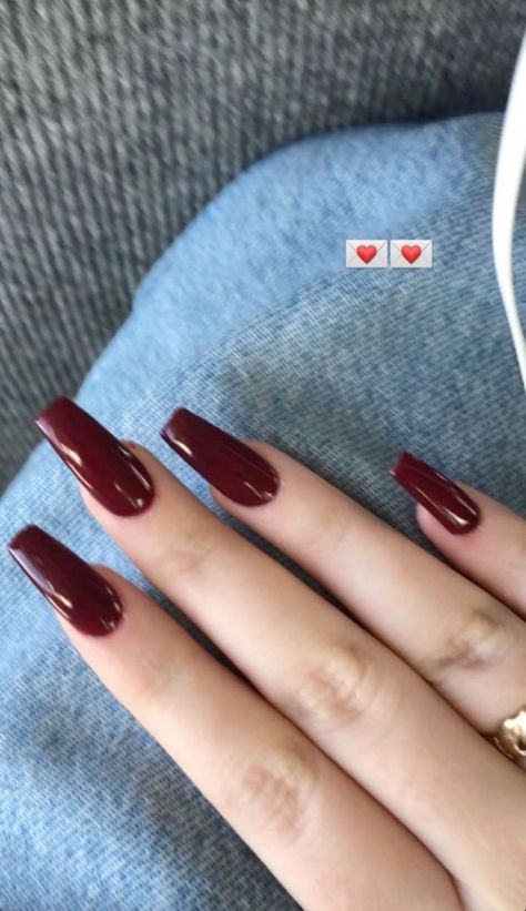 Cherry Red Coffin Acrylic Nails, Coffin Burgundy Nails Acrylics, Cherry Cola Red Nails, Cherry Red Coffin Nails, Cherry Red Nails Coffin, Dark Red Nails Medium Length, Deep Red Coffin Nails, Red October Nails, Longish Nails