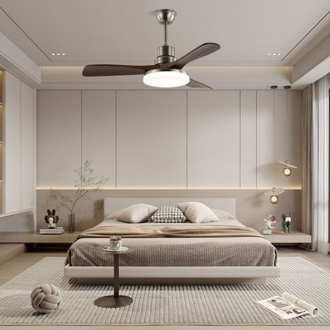 The Breeze Master Ceiling Fan blends sophisticated materials for an elegant look, featuring an acrylic shade, brushed nickel body, and solid wood blades. This fan offers a 6-speed airflow control for optimal comfort while casting a warm, ambient glow with its integrated lighting. With its stylish design and superior functionality, the BreezeMaster is an excellent choice for modern or classic interiors, delivering efficient cooling and balanced illumination to any living space.   Friendly Reminde Lighting Ceiling Design, Modern Tv Wall Design Ideas, Ceiling Interior Design, Integrated Lighting, Large Ceiling Fans, Ceiling Fans Without Lights, Lighting Bedroom, Recessed Wall Lights, Ceiling Design Modern