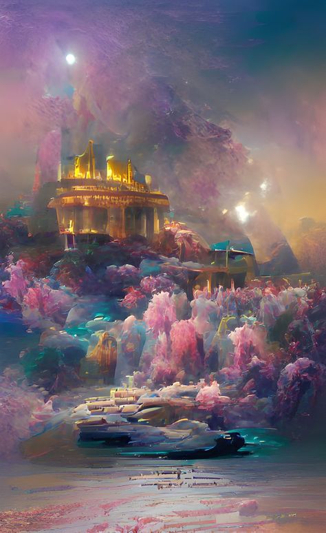 created on dream by wombo app Dream World Aesthetic, Fantasy Marketplace, Magical Places Aesthetic, Scifi Aesthetic, Dreamland Ideas, Plants Wallpaper, Golden Palace, World Aesthetic, Dream By Wombo