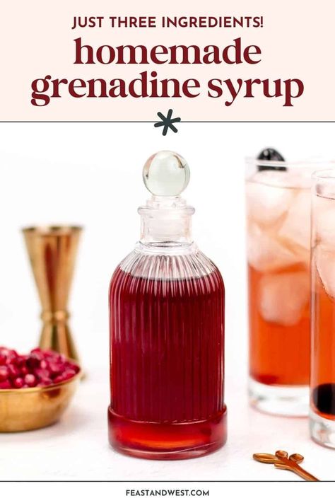 Homemade Grenadine Syrup is an easy way to elevate your cocktails. Making Tequila Sunrises and Shirley Temples at home has never been so delicious! https://feastandwest.com/2019/10/16/homemade-grenadine-syrup/ Grenadine Syrup Recipe, Homemade Shirley Temple, How To Make Grenadine Syrup, Diy Grenadine Syrup, Homemade Drink Syrups, Homemade Grenadine Syrup, Diy Syrup Recipes, Homemade Flavorings, Homemade Grenadine Recipe