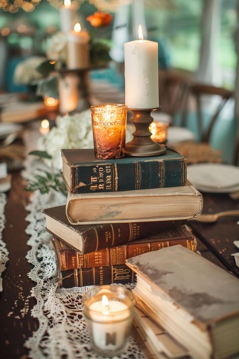 Transform your wedding tables into a storybook scene with our antique book centerpieces! 📚💒 Delicate lace runners and warm votive candles complete the romantic ambiance. Perfect for bibliophiles saying I do! #WeddingInspiration #VintageWedding #BookLover #RomanticDecor #WeddingIdeas #Candlelight #AntiqueChic #LaceDetails Let the love stories of old add charm to your special day! Old Books As Centerpieces, Wedding Themes Books, Wedding Table Centerpieces Books, Antique Rustic Wedding, Books As Centerpieces Wedding, Old Book Centerpieces, Antique Book Centerpieces, Antique Wedding Centerpieces, Vintage Theme Wedding Decor