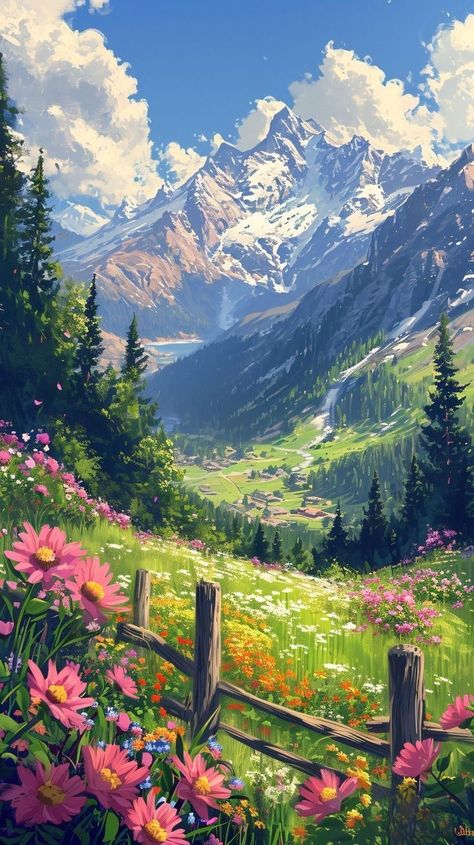 Pretty Mountains Wallpaper, Switzerland Painting Wallpaper, Full Hd Desktop Wallpaper, Switzerland Drawing, Switzerland Scenery, Switzerland Wallpaper, Iphone Wallpaper Mountains, Switzerland Painting, Dream Landscape