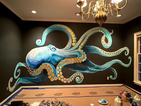 Kraken Mural, Outside Mural Ideas, Octopus Mural, Wall Murals Painted Diy, Door Murals, Wall Murals Painted, Kraken, Mural Painting, Fish Art