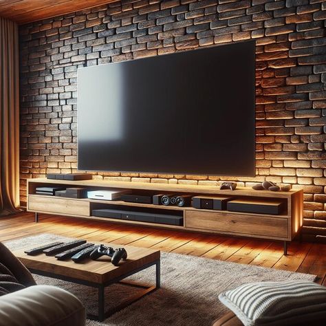 Tv Entertainment Wall Ideas, Entertainment Wall Ideas, Tv Entertainment Wall, Rustic Contemporary Home, Brick Living Room, House Awnings, Wall Unit Decor, Contemporary Home Design, Industrial Style Interior