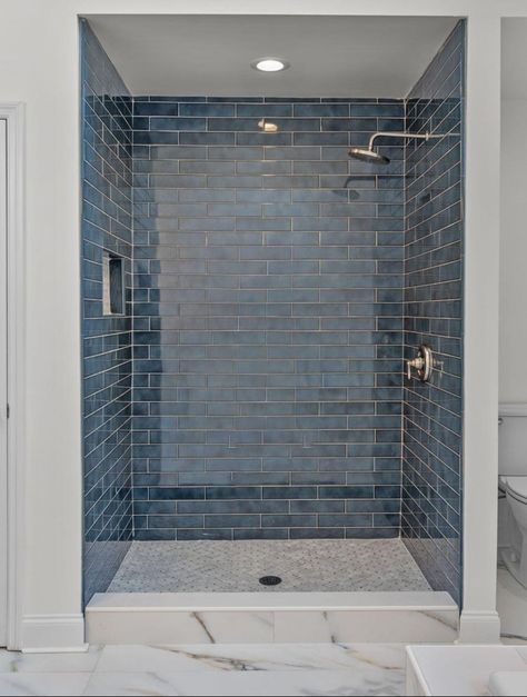 Grey Blue Shower Tile, Floor And Decor Shower Tile Ideas, Navy Shower Tile Ideas, Blue Tile Showers, Colorful Shower Tile Ideas, Navy Blue Shower Tile, Vertical Subway Tile Bathroom, Blue Shower Tile Ideas, Blue Tile Bathroom