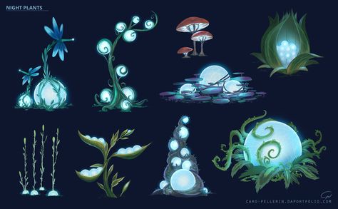 Mystical Plants Drawing, Space Plants Concept Art, Nature And Technology Design, Alien Plants Concept Art, Fantasy Plants Art, Environment Concept Art Landscape, Mystical Plants, Stylized Plants, Night Plants