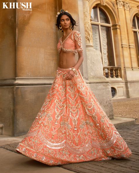 Lehenga Choli - Coral pink Peach Pink Bridal Lehenga, Khush Magazine, Coral Lehenga, Pink Bridal Lehenga, Pink Lehenga, Pink Bridal, Indian Outfit, Bridal Lehenga, Coral Pink