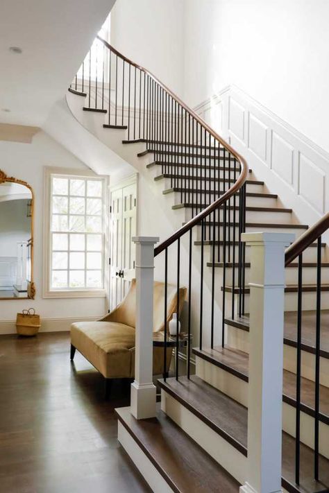 Traditional Colonial Staircase, Update Traditional Staircase, Wooden Stairway Ideas, Traditional Staircase Design, Wooden Staircase Design Traditional, Banister And Railing Ideas, Modern Colonial Staircase, Studio Mcgee Staircase, Iron And Wood Stair Railing