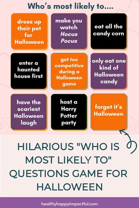 "Who's most likely to... Halloween game questions like dress up their pet or host a Harry Potter party." Halloween Family Feud Game, Halloween Family Feud Questions And Answers, Halloween Family Games, Halloween Games For Teens, Family Fued Halloween Questions, Halloween Activities For Teens, Halloween Quiz For Adults, Halloween Emoji Game Answers, Halloween Mad Libs