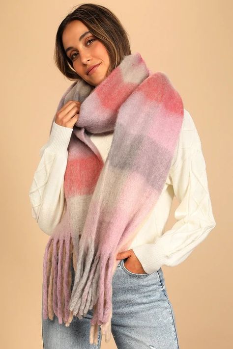 Lulus Ski Slope Pink Multi Fringe Scarf Pink Scarf Outfit, Big Scarf Outfit, Blanket Scarf Plaid, Scarf Blanket, Ski Slope, Cute Fringe, Creative Outfits, Winter Wardrobe Essentials, Big Scarf