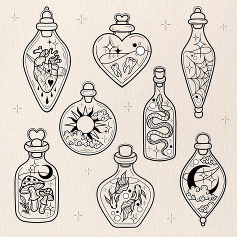 Repeatable potion bottles ✨ Taking bookings for January 2024🌞 Dm me to book in- all of my booking information is in my story… | Instagram Dainty Doodles, Eldritch Tattoo, Girl Art Aesthetic, Tattoo Design Tattoo, Bottle Tattoo, Bottle Drawing, Tattoo Heart, Men Tattoo, Up Tattoo