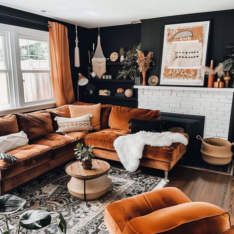 black_and_rust_living_room_decor 10 Dark And White Living Room, Rust Couch Living Room Ideas Sofas, Living Room Accent Colors Ideas, Black And Burnt Orange Living Room, Black And Wood House Interior Design, Black Small Living Room, Modern Painting Ideas For Living Room, Boho Moody Living Room, Black And Navy Living Room