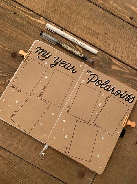 Year In Polaroids, Journal Polaroid, Bullet Journal Yearly Spread, Yearly Spread, Bullet Journal Yearly, Bulletin Journal Ideas, Bullet Planner, Self Care Bullet Journal, Bullet Journal Aesthetic