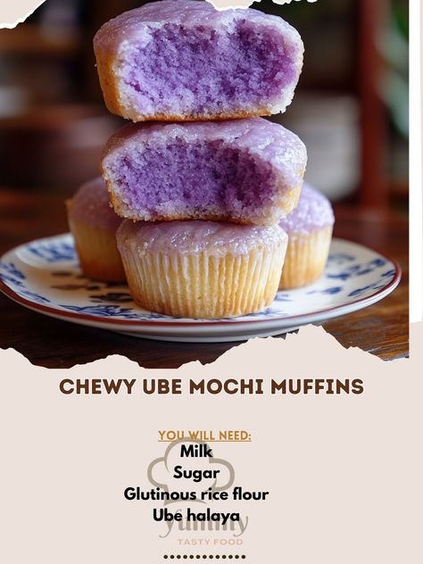 🧁💜 Chewy Ube Mochi Muffins—Soft, chewy muffins with a sweet ube flavor. A delightful treat for ube lovers! 💜🍰 #UbeMochi #FilipinoDesserts Chewy Ube Mochi Muffins Ingredients: Ube halaya (1/2 cup) Glutinous rice flour (1 cup) Sugar (1/2 cup) Milk (1/2 cup) Baking powder (1 tsp) Eggs (2) Butter (2 tbsp, melted) Instructions: Preheat oven to 350°F (175°C). Grease muffin tin. Mix glutinous rice flour, sugar, and baking powder. Add ube halaya, milk, eggs, and melted butter; mix well. Pour into... Ube Crinkle Cookies Recipe, Ube Rice Crispy Treats, Ube Butter Mochi Recipe, Ube Powder Recipes, Ube Crinkles Cookies Recipe, Ube Mochi Recipe, Mochi Muffin Recipe, Mochi Muffin, Ube Cookies