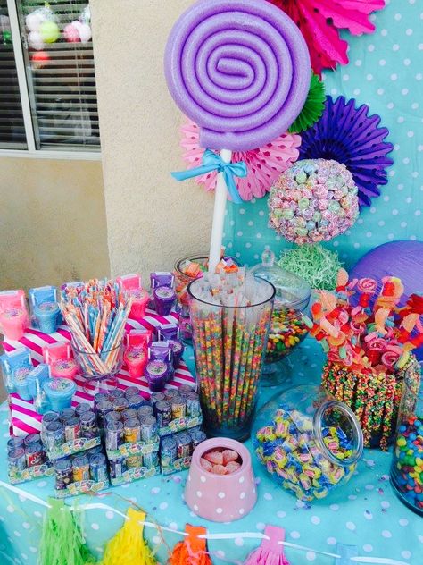 Candy Shoppe Birthday Candy And Sweets Birthday Party, Candy Land Table Ideas, Candyland Candy Table, Candy Shop Party Ideas, Sweets Theme Birthday Party, Sweet One First Birthday Theme Candy, Sweet Sassy Seven Birthday, Candy Land Theme Birthday Party, Candy Corner Ideas Birthday Parties