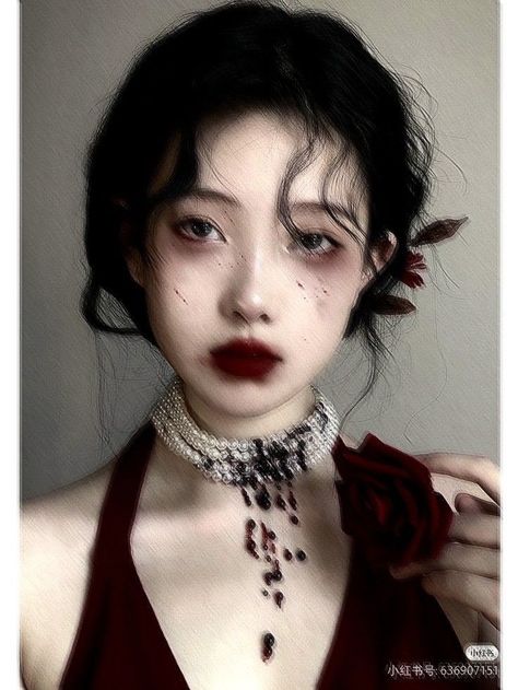 Vampire Look Aesthetic, Hairstyles For Vampires, Asian Characters Halloween Costume, Gothic Vampire Aesthetic Makeup, Vampire Red Makeup, Vampire Make Up Ideas, Vampire Halloween Hairstyles, Vamp Costume Halloween, Twilight Makeup Vampires