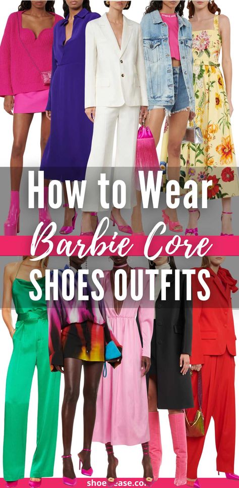 Collage of 10 women wearing different barbie core fashion shoes outfits under text reading how to wear barbie core shoes outfits. Barbie Outfits Not Pink, What Would Barbie Wear, Barbie Dress Outfit, Barbie Outfit Ideas For Women Casual, Outfits With Hot Pink Shoes, Barbie Inspired Looks, Barbiecore Shoes, What To Wear To Barbie Movie, Barbie Core Work Outfit