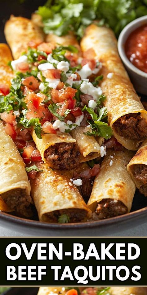 Oven-Baked Beef Taquitos Ingredients: 1 lb ground beef 1/2 cup diced onion 2 cloves garlic, minced 1 tablespoon chili powder 1 teaspoon cumin 1 teaspoon smoked paprika 1/2 teaspoon salt 1/4 teaspoon black pepper 1/2 cup shredded cheddar cheese 10 small corn tortillas Olive oil spray or brush-on olive oil Salsa, guacamole, and sour cream for serving #Oven-baked #Beef #Quickrecipe Ground Beef Taquitos Recipe, Baked Corn Tortillas, Corn Tortillas Tacos, Cilantro Lime Chicken Tacos, Beef Taquitos, Baked Taquitos, Corn Tortilla Recipes, Taquitos Beef, Savoury Finger Food