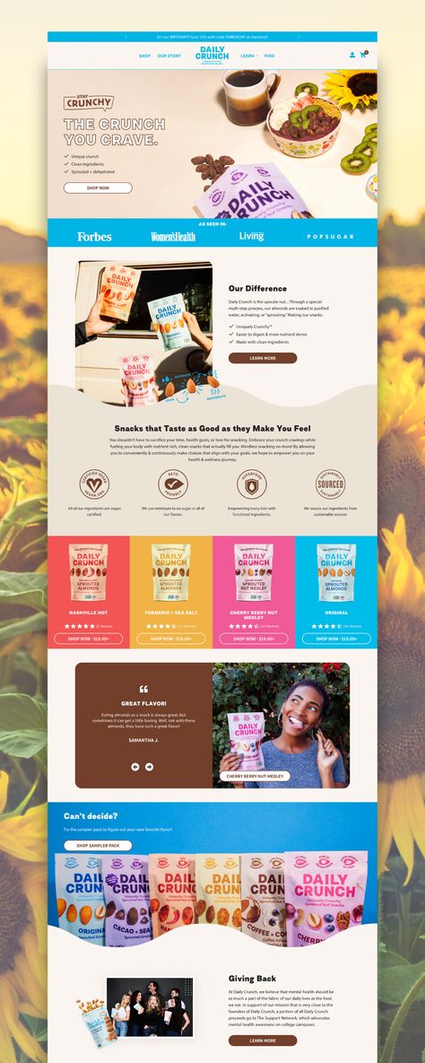 Daily Crunch Shopify food website Nuts Website Design, Website Design Food Product, Packaging Website Design, Website Product Design, Subscription Website Design, Vacation Website Design, Shopify Design Inspiration, Funny Website Design, Digital Product Website Design