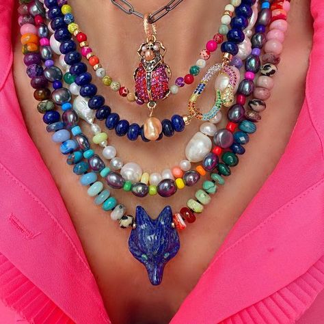 WinterLemon Jewelry | HandKnotted Necklaces | Jewelry on Instagram: "Rainy days ☔️ call for the magic of color! 🌈🎨🍭 * * * I’ve added a new beetle 🪲 talisman necklace crew- her name is Delilah and she is pretty in pink (and red) crystals ❤️💖❤️ * * * 👉🏻swipe for closeups 🤏🏻tap the pics for more info 🛍shop my website, link in bio! 🙏🏼always so grateful for your support * * * ✨ Wearable Magic✨ That’s what jewelry is to me - It holds powerful transformative properties that touch our very c Play Closet, Pink Necklaces, Eclectic Necklace, Layer Necklaces, Colorful Statement Necklace, Fork Jewelry, Bright Jewelry, Handmade Statement Necklace, Micro Mosaic Jewelry