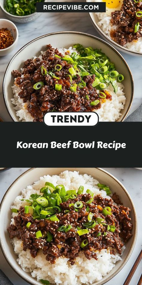 Want to spice up your dinner routine? This Korean Beef Bowl Recipe is packed with bold flavors and is super easy to make. You'll enjoy a tasty meal in under 30 minutes. Don’t forget to save this recipe for your next ground beef adventure! Korean Ground Pork Bowl, Sesame Soy Beef Bowls, Korean Beef Crockpot Recipes, Korea Beef Bowl, Asian Ground Beef Bowl, Sweet Ground Beef Recipes, Easy Korean Beef Bowl, Bugolgi Recipe Beef Bowl, Korean Steak Bowl