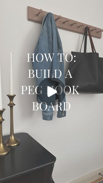 Rebecca | Home + DIY on Instagram: "📣HOW TO: build a peg hook board This is a quick and simple DIY!!! All you need are some wooden peg hooks (I got mine from @amazon ) and a board (I used a 1" by 4" pine board) STEP 1: Measure how long and how high you want your board to be. Then cut your board to length! *optional: I used a router bit to add a little detail to the edge of board but completely optional! STEP 2: Measure and mark where you want your pegs and how far apart you want them STEP 3: Drill holes for your peg hooks STEP 4: Also an optional step, paint or stain your piece! I find it easier to do without the pegs. When you're done, use a little wood glue and insert the peg hooks STEP 5: Find your studs and attach your board to the wall with screws. Of course if you're not hitti Diy Bathroom Towel Rack, Hook Board, Peg Hooks, Using A Router, Diy Entryway, Pine Boards, Wood Filler, Router Bit, Wooden Pegs