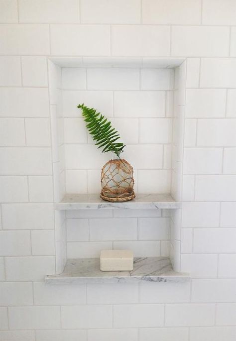 Where do I buy Marble niche shelf - Ceramic Tile Advice Forums - John Bridge Ceramic Tile Subway Tile Shower Designs, Subway Tile Shower Niche, White Subway Tile Shower, Niche Shelves, Tile Shower Niche, White Subway Tile Bathroom, Bathroom Niche, Subway Tile Showers, Marble Shelf