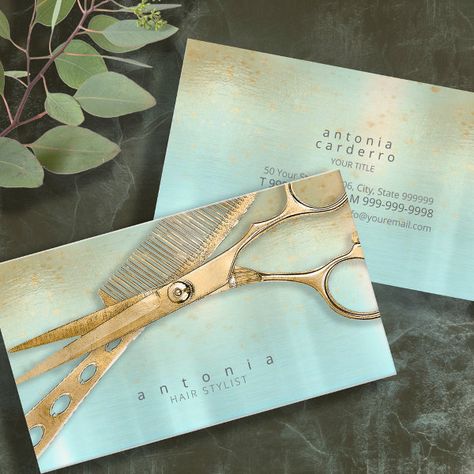 Sheen and Shears Hair Stylist Gold/Teal ID814 Business Card Business Card For Hair Stylist, Hair Salon Business Cards, Hair Stylist Business Cards, Rose Gold Business Card, Makeup Business Cards, Salon Business Card, Hair Salon Business, Cute Business Cards, Hair Business Cards