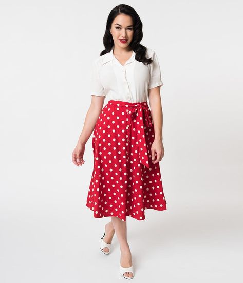 1940s Style Skirts- Vintage High Waisted Skirts Vintage Style Red  White Polka Dot Tie Midi Skirt $48.00 AT vintagedancer.com Red Polka Dot Skirt Outfit, Susie Core, Polka Dot Skirt Outfit, Dot Skirt Outfit, Red Polka Dot Skirt, Future Clothing, 2019 Outfits, Waisted Skirts, Skirts Vintage