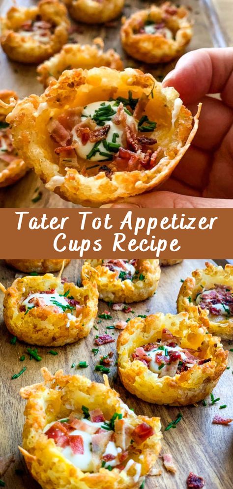 Tater Tot Appetizer Cups Recipe - Cheff Recipes Loaded Cheesy Tater Tot Cups, Tater Tot Horderves, Tater Tots Appetizers For Party, O'dourves Appetizers, Tater Tot Bites, Tater Tot Appetizer Cups, Tater Tot Muffin Cups, Tator Tot Appetizers Super Bowl, Appetizer Cup Ideas